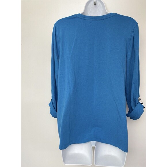 Denim & Co Jersey V-Neck Long-Slv Top Roll Tab Women's Mediterranian L Blue B15 - Picture 4 of 5